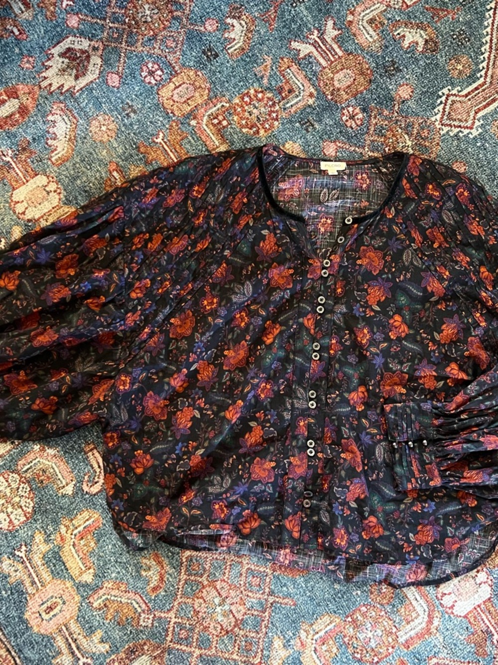 Pilcro Black Floral Button-Up Blouse with Rust & Purple Accents